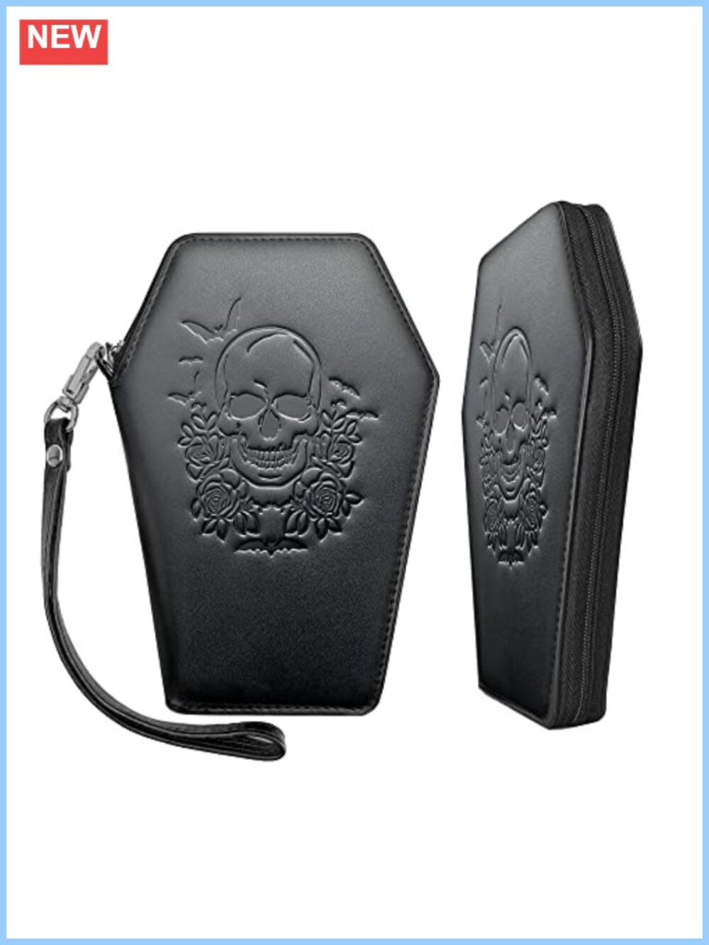 Gothic Coffin Wallet Faux Leather Zip Around Wristlet Skull Bat Design